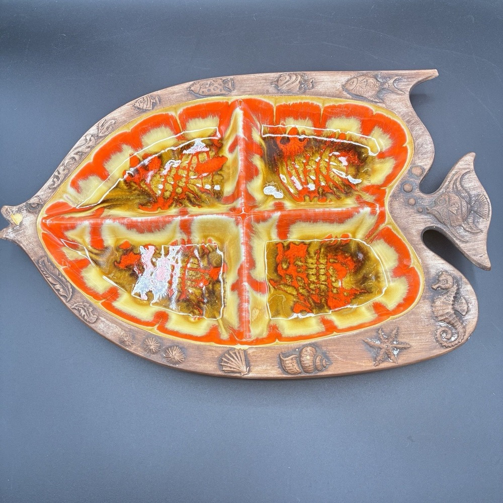 Vintage 1960s Treasure Craft Drip Glaze Fish Shape Dish Made in USA